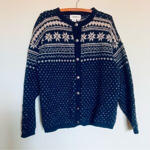 Vintage Eddie Bauer Heavy Wool Norwegian Cardigan Sweater Navy, Size M